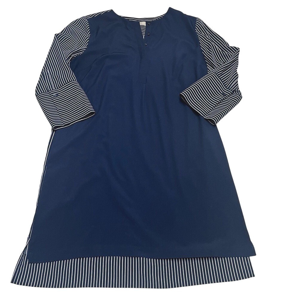 LOFT Navy Blue Striped Sleeve Tunic Dress Shirt‎ Women's Size Medium